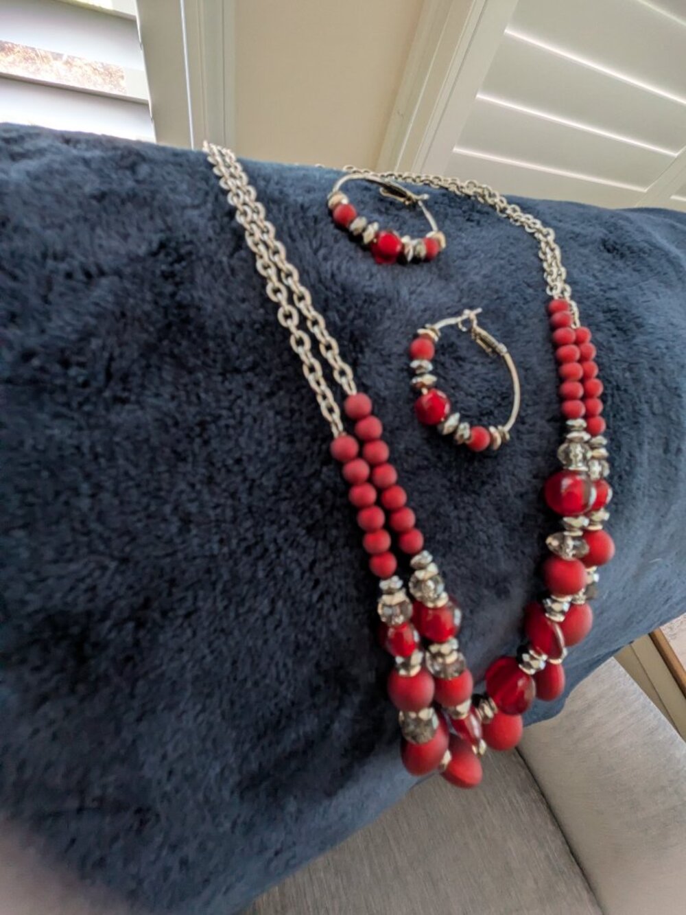 Silver Tone Red 2 Row Beaded Necklace and matching earrings